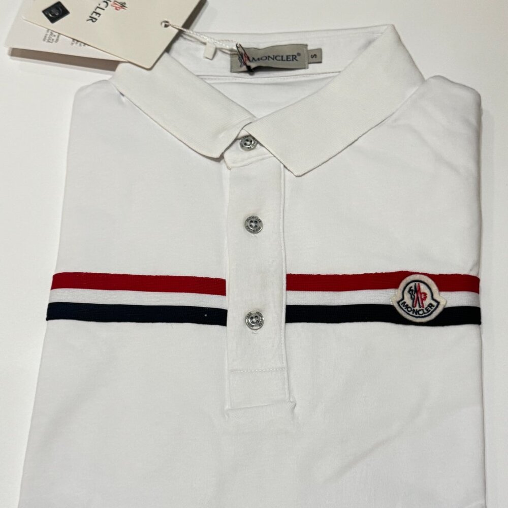 Moncler Men's Polo Shirt White Red Stripe Logo Slim Fit Size S (18" W)